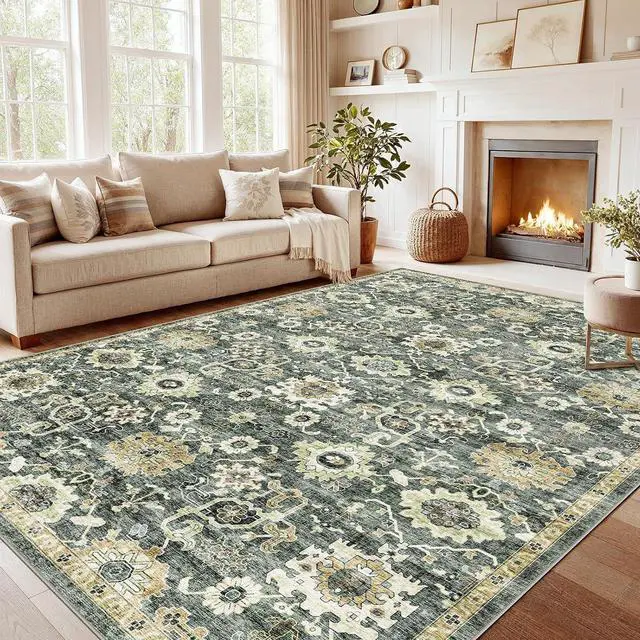 Main image of AMADA HOMEFURNISHING 9x12 Washable Area Rug, Low-Profile Large Area Rug with Non-Slip Backing & Durable Edge Binding, Vintage Large Rugs for Living Room, Bedroom & Dining Room