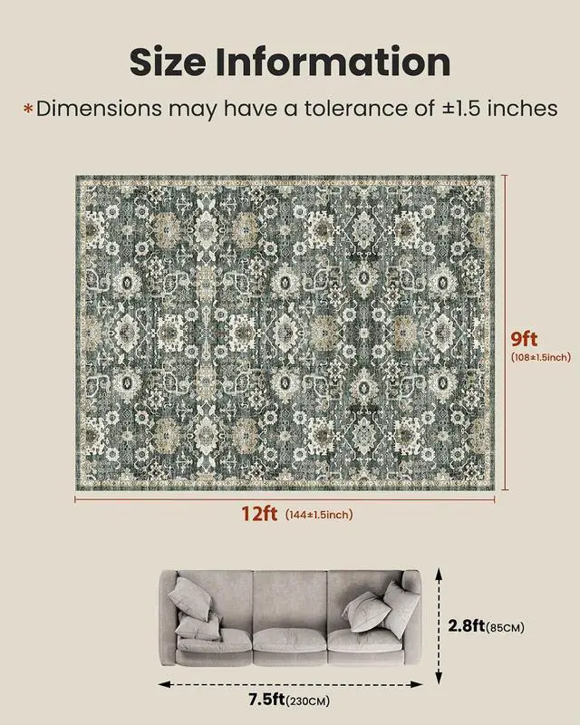 Alt view image 2 of 7 - AMADA HOMEFURNISHING 9x12 Washable Area Rug, Low-Profile Large Area Rug with Non-Slip Backing & Durable Edge Binding, Vintage Large Rugs for Living Room, Bedroom & Dining Room