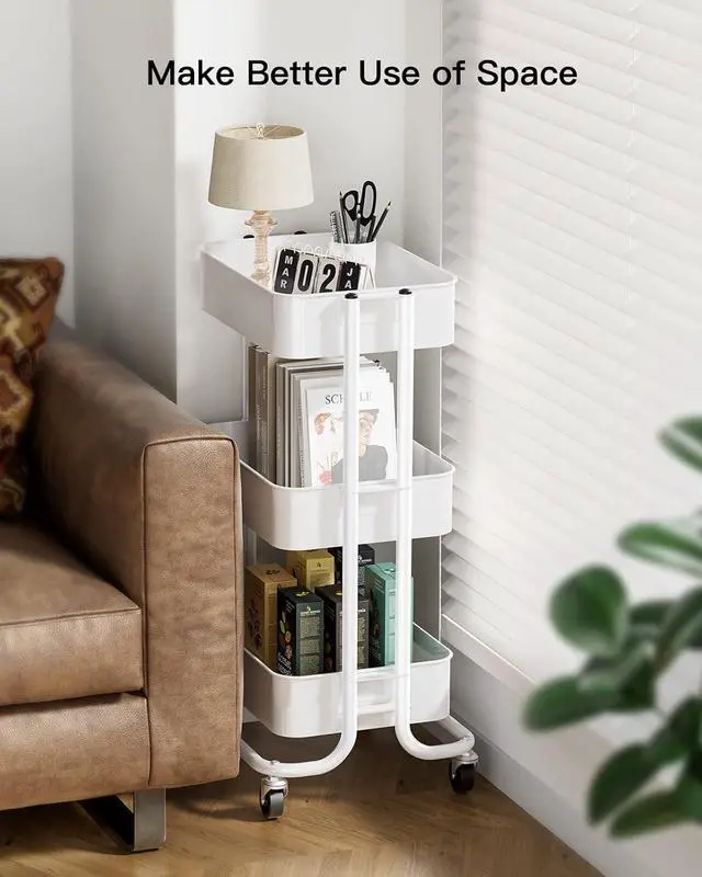 Alt view image 2 of 7 - Pipishell 3 Tier Rolling Cart - Metal Utility Cart with Lockable Wheels and Handle, Rolling Storage for Art & Craft Storage - Organizer Cart for Nursery, Craft Room, Kitchen, Bathroom