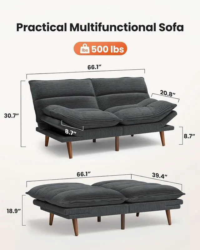 Alt view image 2 of 7 - Amada Convertible Futon Sofa Bed - Corduroy Loveseat with Adjustable Backrest & Armrests, Thickened Seat Cushion, Small Space Sleeper Couch for Apartment, Study Room & OfficeCharcoal Gray66 Inch
