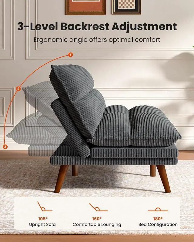 Alt view image 4 of 7 - Amada Convertible Futon Sofa Bed - Corduroy Loveseat with Adjustable Backrest & Armrests, Thickened Seat Cushion, Small Space Sleeper Couch for Apartment, Study Room & OfficeCharcoal Gray66 Inch