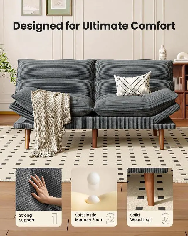 Alt view image 5 of 7 - Amada Convertible Futon Sofa Bed - Corduroy Loveseat with Adjustable Backrest & Armrests, Thickened Seat Cushion, Small Space Sleeper Couch for Apartment, Study Room & OfficeCharcoal Gray66 Inch