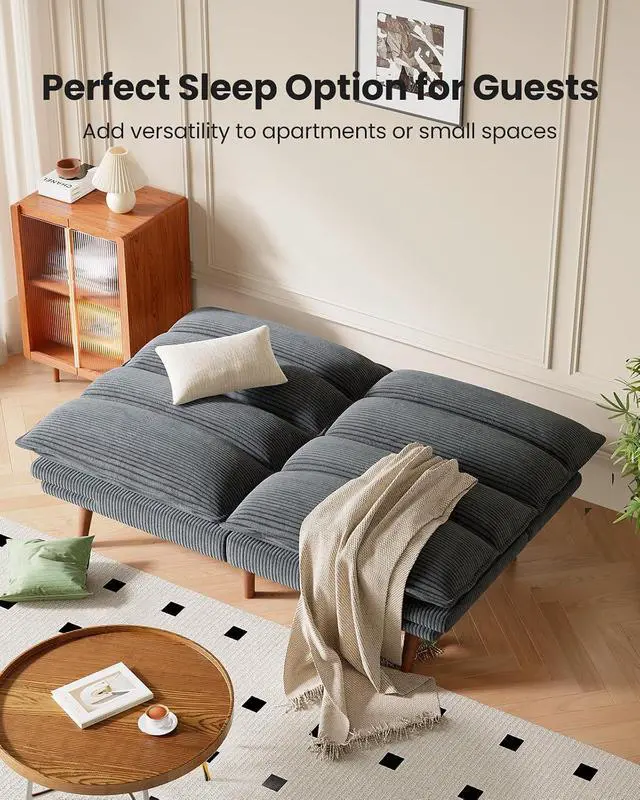 Alt view image 3 of 7 - Amada Convertible Futon Sofa Bed - Corduroy Loveseat with Adjustable Backrest & Armrests, Thickened Seat Cushion, Small Space Sleeper Couch for Apartment, Study Room & OfficeCharcoal Gray66 Inch