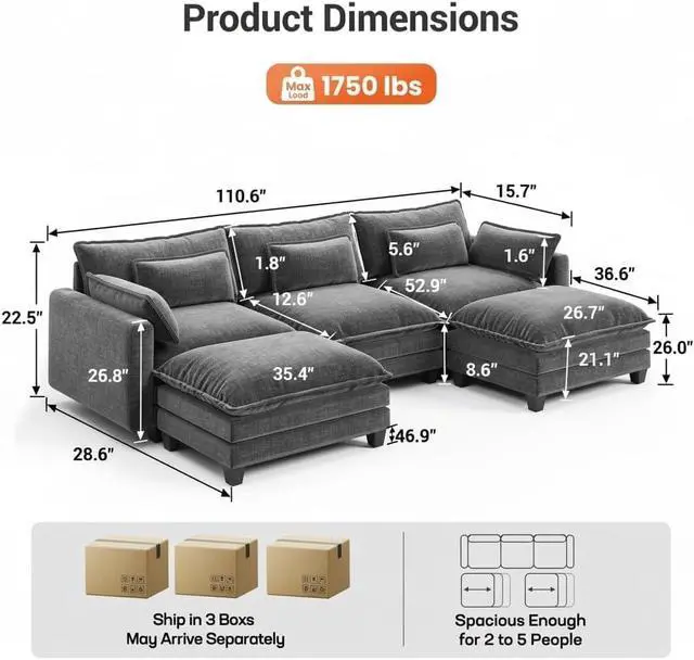 Alt view image 2 of 7 - Amada U Shaped Modular Sectional Sofa, 110.6" Cloud Couch with Deep Seat and Chenille Fabric, 5 Seater Comfy Modular Couch with 2 Movable Ottomans & Throw Pillows for Living Room, Apartment, Grey