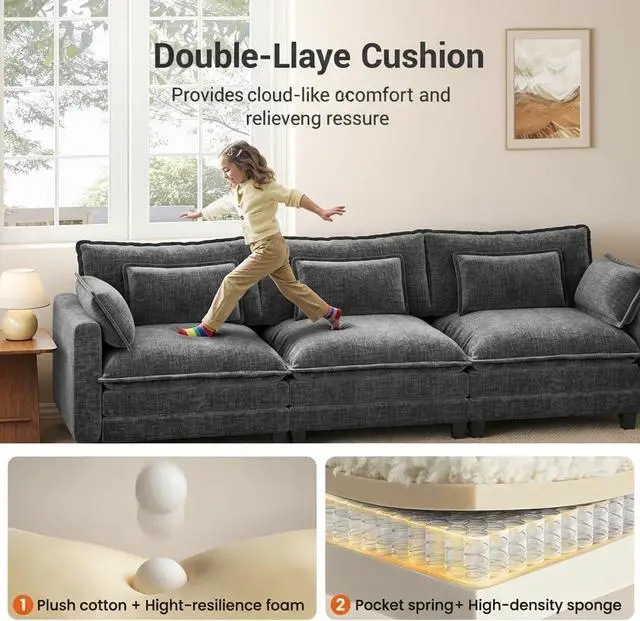 Alt view image 3 of 7 - Amada U Shaped Modular Sectional Sofa, 110.6" Cloud Couch with Deep Seat and Chenille Fabric, 5 Seater Comfy Modular Couch with 2 Movable Ottomans & Throw Pillows for Living Room, Apartment, Grey