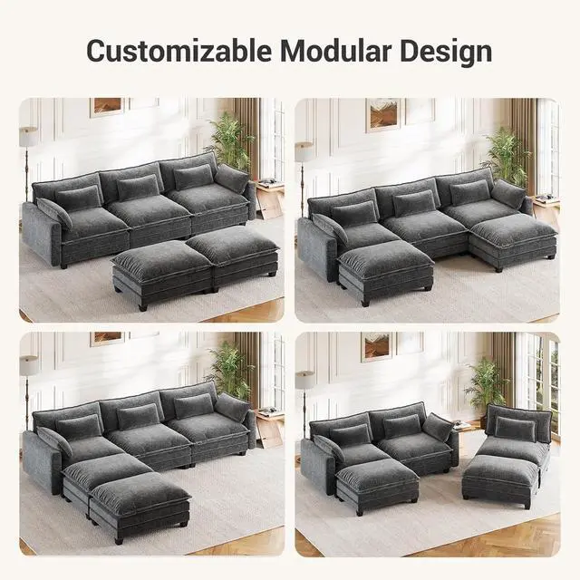 Alt view image 4 of 7 - Amada U Shaped Modular Sectional Sofa, 110.6" Cloud Couch with Deep Seat and Chenille Fabric, 5 Seater Comfy Modular Couch with 2 Movable Ottomans & Throw Pillows for Living Room, Apartment, Grey