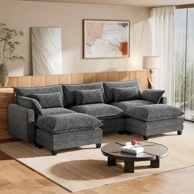 Main image of Amada Modular Sectional Sofa, 110.6" U Shaped Cloud Couch with Deep Seats, Chenille 5-Seat Sofa with Movable Ottomans and Throw Pillows for Living Room, Apartment, Gray