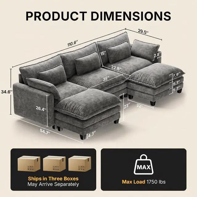 Alt view image 2 of 6 - Amada Modular Sectional Sofa, 110.6" U Shaped Cloud Couch with Deep Seats, Chenille 5-Seat Sofa with Movable Ottomans and Throw Pillows for Living Room, Apartment, Gray