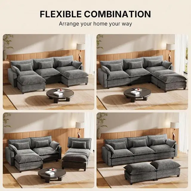 Alt view image 3 of 6 - Amada Modular Sectional Sofa, 110.6" U Shaped Cloud Couch with Deep Seats, Chenille 5-Seat Sofa with Movable Ottomans and Throw Pillows for Living Room, Apartment, Gray