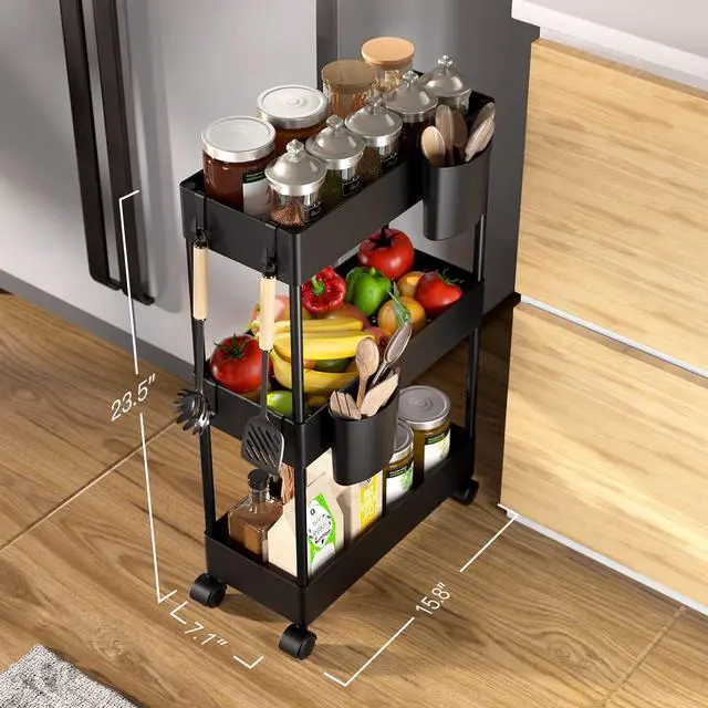 Alt view image 6 of 7 - Pipishell 3 Tier Mesh Utility Cart, Rolling Metal Organization Cart with Handle and Lockable Wheels