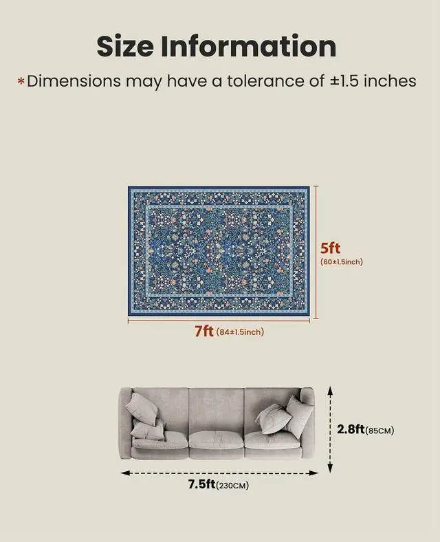 Alt view image 2 of 7 - AMADA HOMEFURNISHING 5x7 Area Rug, Washable Living Room Rug with Non-Slip Backing, Low Pile and Durable Edge Binding, Vintage Soft Floral Rugs for Living Room, Bedroom, Dining Room