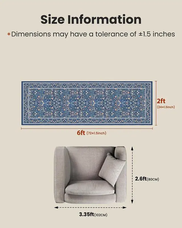 Alt view image 2 of 7 - AMADA HOMEFURNISHING Washable Runner Rugs for Hallway, 2x6 Kitchen Rug, Non-Slip & Low-Profile Area Rug, Soft Floral Rug with Durable Edge Binding, Rugs for Entryway Bedroom Kitchen Laundry Bathroom
