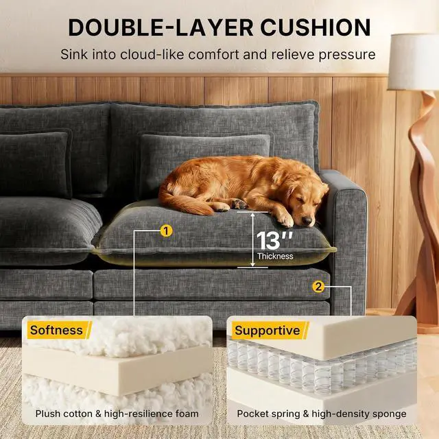 Alt view image 4 of 6 - Amada Modular Sectional Sofa, 110.6" U Shaped Cloud Couch with Deep Seats, Chenille 5-Seat Sofa with Movable Ottomans and Throw Pillows for Living Room, Apartment, Gray
