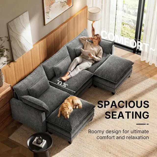 Alt view image 6 of 6 - Amada Modular Sectional Sofa, 110.6" U Shaped Cloud Couch with Deep Seats, Chenille 5-Seat Sofa with Movable Ottomans and Throw Pillows for Living Room, Apartment, Gray