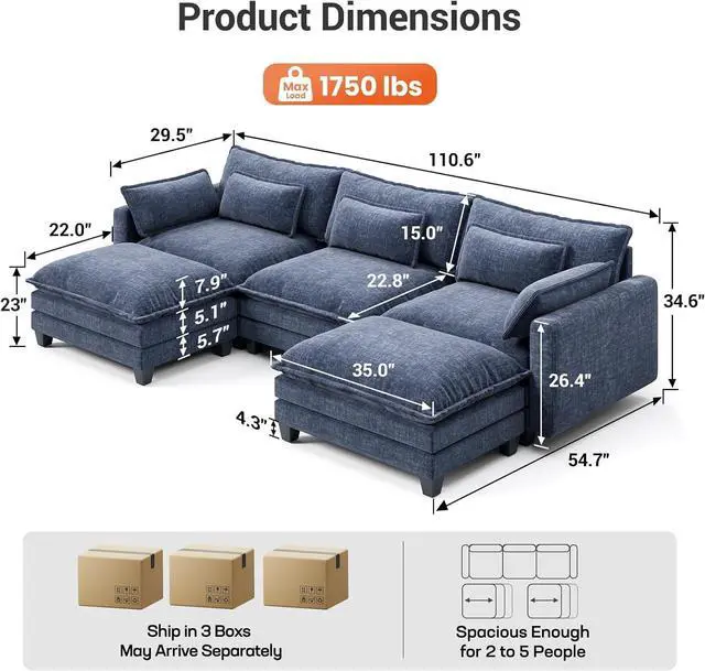Alt view image 2 of 7 - Amada 110.6" Modular Sectional Sofa, U Shape Cloud Sectional Couch, 5 Seater Chenille Deep Seat Sofa with 2 Movable Ottomans & Throw Pillows for Living Room, Bedroom, Apartment, Navy Blue