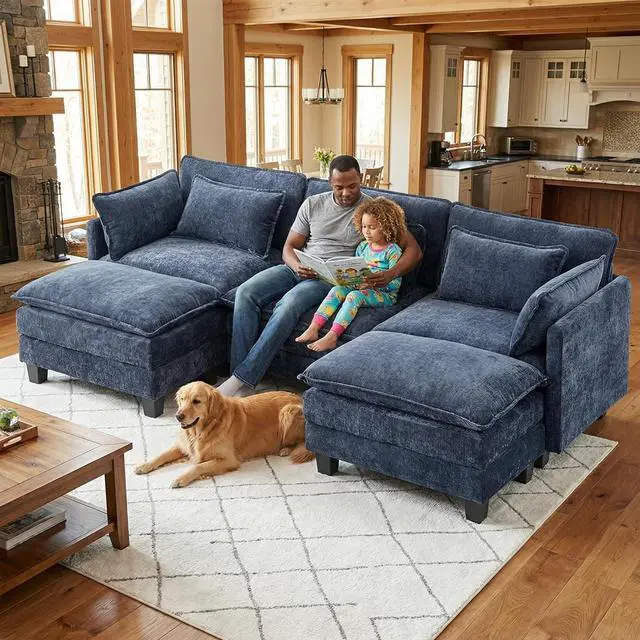 Alt view image 4 of 7 - Amada 110.6" Modular Sectional Sofa, U Shape Cloud Sectional Couch, 5 Seater Chenille Deep Seat Sofa with 2 Movable Ottomans & Throw Pillows for Living Room, Bedroom, Apartment, Navy Blue