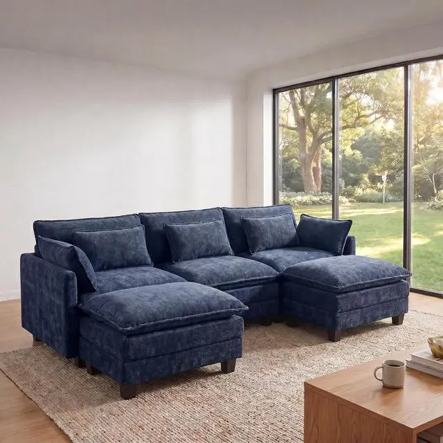 Main image of Amada 110.6" Modular Sectional Sofa, U Shape Cloud Sectional Couch, 5 Seater Chenille Deep Seat Sofa with 2 Movable Ottomans & Throw Pillows for Living Room, Bedroom, Apartment, Navy Blue
