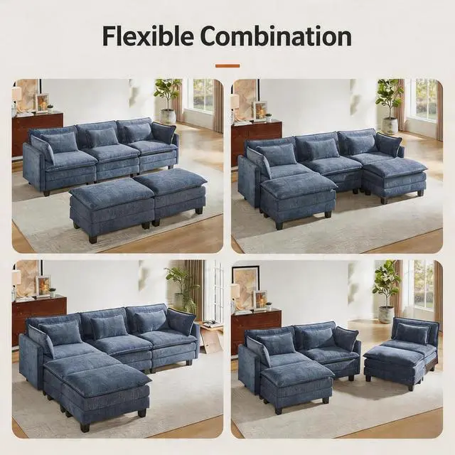 Alt view image 6 of 7 - Amada 110.6" Modular Sectional Sofa, U Shape Cloud Sectional Couch, 5 Seater Chenille Deep Seat Sofa with 2 Movable Ottomans & Throw Pillows for Living Room, Bedroom, Apartment, Navy Blue