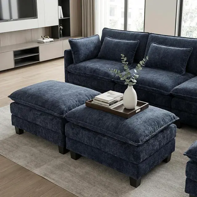 Alt view image 5 of 7 - Amada 110.6" Modular Sectional Sofa, U Shape Cloud Sectional Couch, 5 Seater Chenille Deep Seat Sofa with 2 Movable Ottomans & Throw Pillows for Living Room, Bedroom, Apartment, Navy Blue