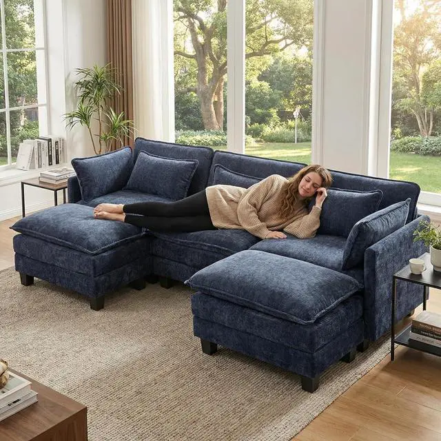 Alt view image 7 of 7 - Amada 110.6" Modular Sectional Sofa, U Shape Cloud Sectional Couch, 5 Seater Chenille Deep Seat Sofa with 2 Movable Ottomans & Throw Pillows for Living Room, Bedroom, Apartment, Navy Blue