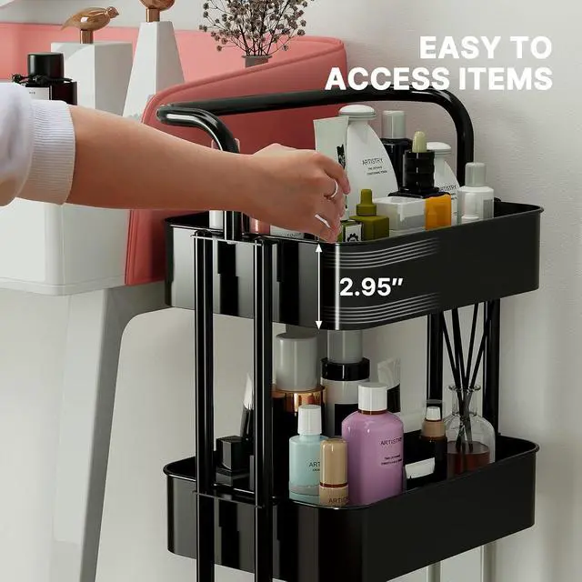 Alt view image 7 of 7 - Pipishell 3 Tier Rolling Cart - Metal Utility Cart with Lockable Wheels and Handle, Rolling Storage for Art & Craft Storage - Organizer Cart for Nursery, Craft Room, Kitchen, Bathroom