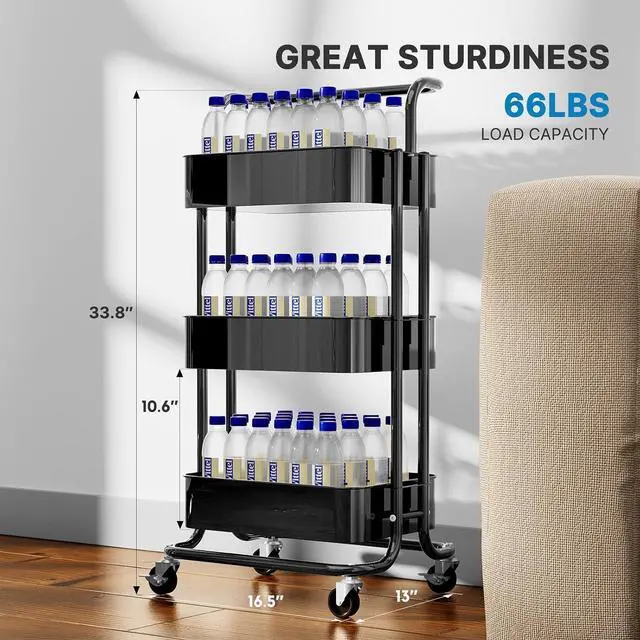 Alt view image 6 of 7 - Pipishell 3 Tier Rolling Cart - Metal Utility Cart with Lockable Wheels and Handle, Rolling Storage for Art & Craft Storage - Organizer Cart for Nursery, Craft Room, Kitchen, Bathroom