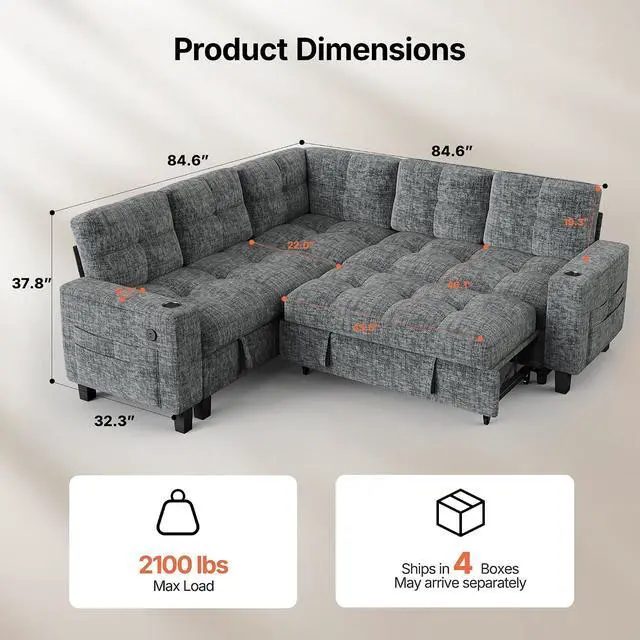 Alt view image 3 of 7 - Pipishell 85 Inch Sectional Sleeper Sofa, Modular Sectional Sofa with Pull Out Bed, Storage, USB Ports & Cup Holders, Sectional Couches for Living Room, 5 Seat Chenille Cloud Couch, Light Grey