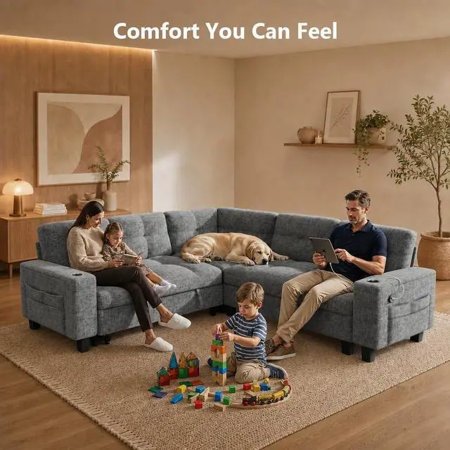 Alt view image 2 of 7 - Pipishell 85 Inch Sectional Sleeper Sofa, Modular Sectional Sofa with Pull Out Bed, Storage, USB Ports & Cup Holders, Sectional Couches for Living Room, 5 Seat Chenille Cloud Couch, Light Grey