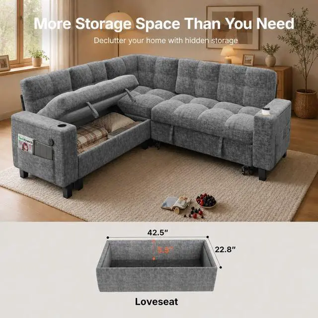 Alt view image 4 of 7 - Pipishell 85 Inch Sectional Sleeper Sofa, Modular Sectional Sofa with Pull Out Bed, Storage, USB Ports & Cup Holders, Sectional Couches for Living Room, 5 Seat Chenille Cloud Couch, Light Grey