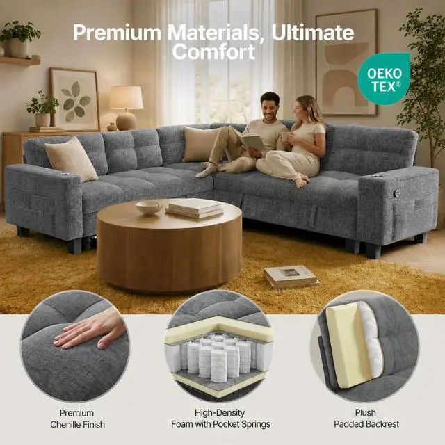 Alt view image 6 of 7 - Pipishell 85 Inch Sectional Sleeper Sofa, Modular Sectional Sofa with Pull Out Bed, Storage, USB Ports & Cup Holders, Sectional Couches for Living Room, 5 Seat Chenille Cloud Couch, Light Grey