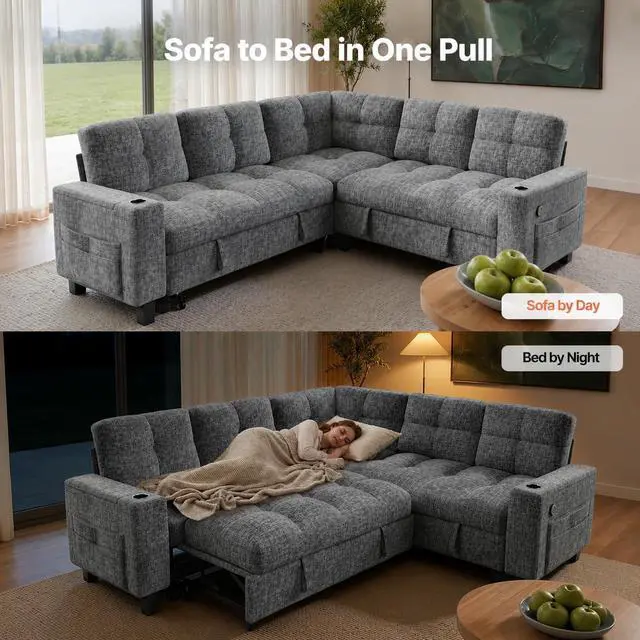 Alt view image 7 of 7 - Pipishell 85 Inch Sectional Sleeper Sofa, Modular Sectional Sofa with Pull Out Bed, Storage, USB Ports & Cup Holders, Sectional Couches for Living Room, 5 Seat Chenille Cloud Couch, Light Grey