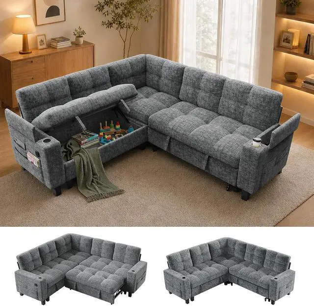 Main image of Pipishell 85 Inch Sectional Sleeper Sofa, Modular Sectional Sofa with Pull Out Bed, Storage, USB Ports & Cup Holders, Sectional Couches for Living Room, 5 Seat Chenille Cloud Couch, Light Grey