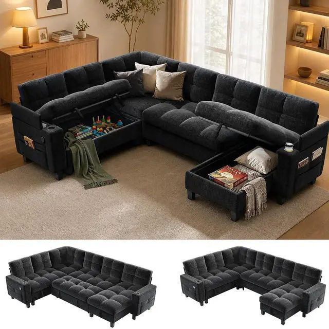 Main image of Pipishell 110 Sectional Sleeper Sofa, Modular Sectional Sofa with Pull Out Bed, Storage, USB Ports & Cup Holders, Sectional Couches for Living Room, 7 Seat Chenille Cloud Couch, Light Gray