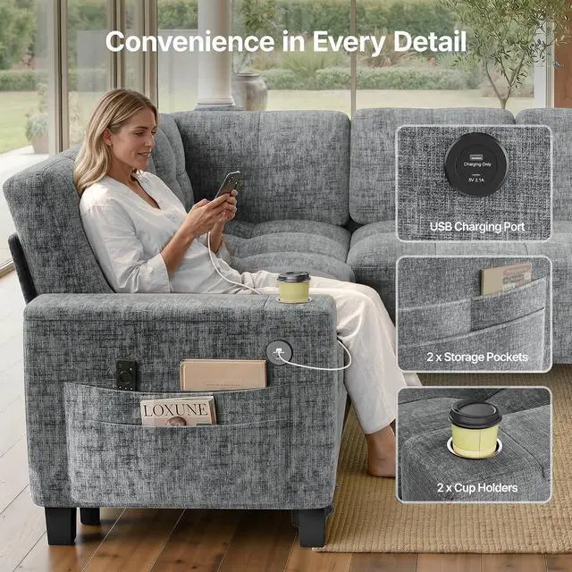 Alt view image 5 of 7 - Pipishell 85 Inch Sectional Sleeper Sofa, Modular Sectional Sofa with Pull Out Bed, Storage, USB Ports & Cup Holders, Sectional Couches for Living Room, 5 Seat Chenille Cloud Couch, Light Grey