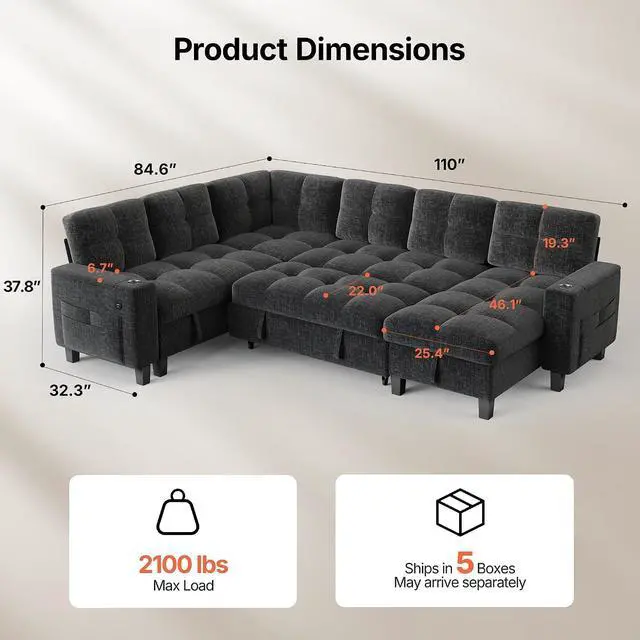 Alt view image 3 of 7 - Pipishell 110 Sectional Sleeper Sofa, Modular Sectional Sofa with Pull Out Bed, Storage, USB Ports & Cup Holders, Sectional Couches for Living Room, 7 Seat Chenille Cloud Couch, Light Gray