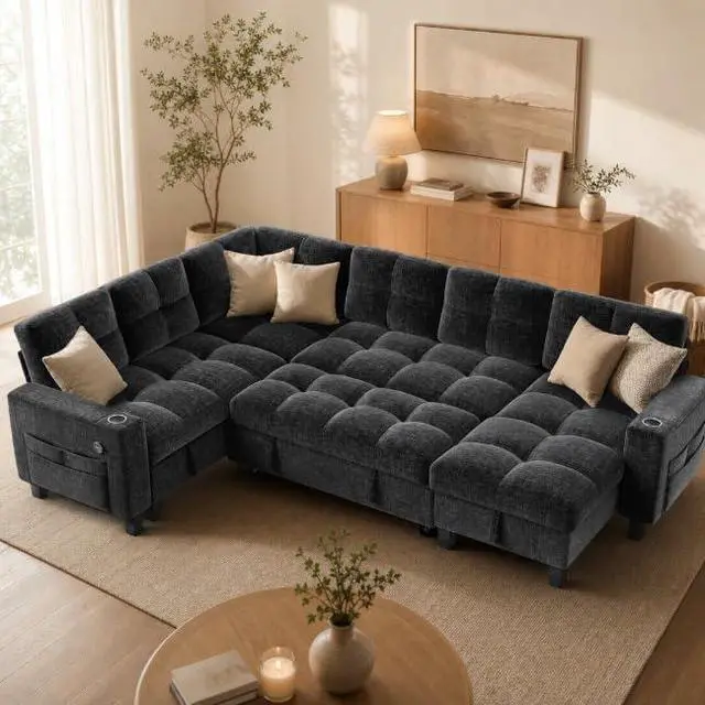 Alt view image 2 of 7 - Pipishell 110 Sectional Sleeper Sofa, Modular Sectional Sofa with Pull Out Bed, Storage, USB Ports & Cup Holders, Sectional Couches for Living Room, 7 Seat Chenille Cloud Couch, Light Gray
