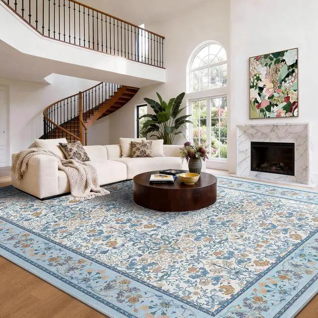 Alt view image 2 of 7 - AMADA HOMEFURNISHING 8x10 Washable Area Rugs for Living Room, Non-Slip & Low-Profile Floral Large Area Rug with Durable Edge Binding, Soft Rugs for Living Room, Bedroom, Dining Room