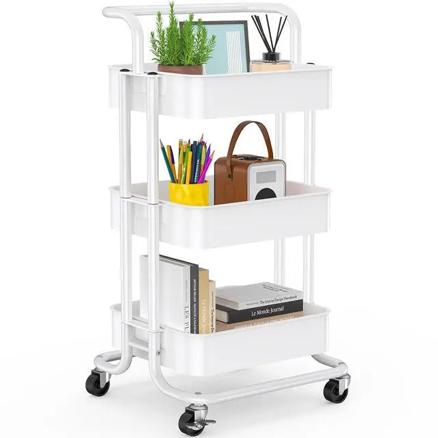 Alt view image 2 of 7 - Pipishell 3 Tier Mesh Utility Cart, Rolling Metal Organization Cart with Handle and Lockable Wheels