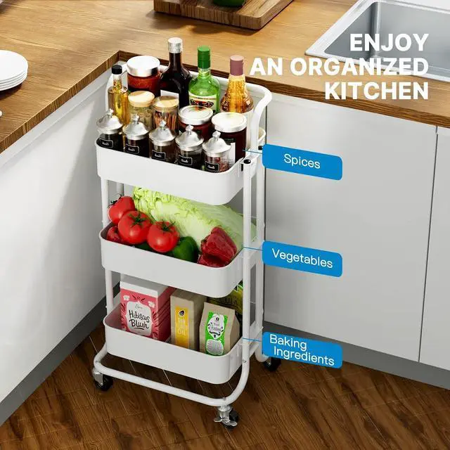 Alt view image 7 of 7 - Pipishell 3 Tier Rolling Cart - Metal Utility Cart with Lockable Wheels and Handle, Rolling Storage for Art & Craft Storage - Organizer Cart for Nursery, Craft Room, Kitchen, Bathroom