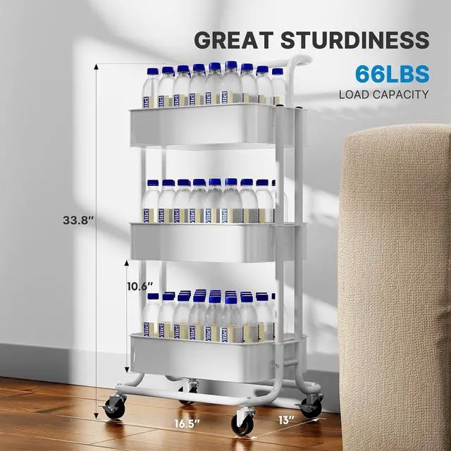 Alt view image 4 of 7 - Pipishell 3 Tier Mesh Utility Cart, Rolling Metal Organization Cart with Handle and Lockable Wheels