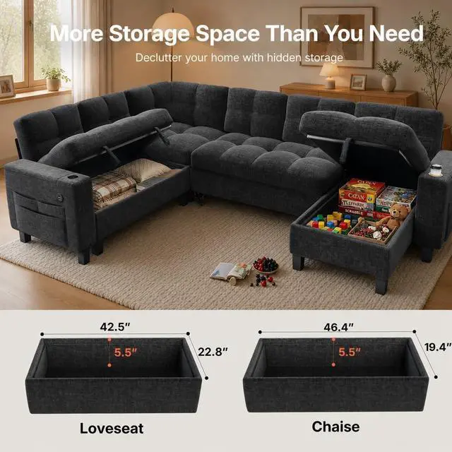 Alt view image 4 of 7 - Pipishell 110 Sectional Sleeper Sofa, Modular Sectional Sofa with Pull Out Bed, Storage, USB Ports & Cup Holders, Sectional Couches for Living Room, 7 Seat Chenille Cloud Couch, Light Gray