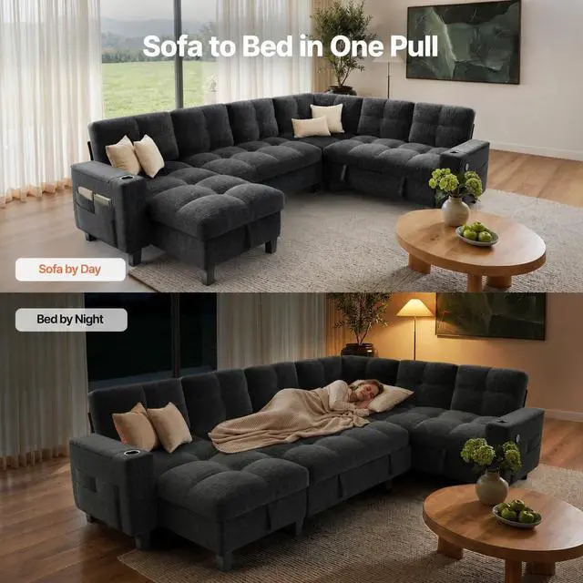 Alt view image 6 of 7 - Pipishell 110 Sectional Sleeper Sofa, Modular Sectional Sofa with Pull Out Bed, Storage, USB Ports & Cup Holders, Sectional Couches for Living Room, 7 Seat Chenille Cloud Couch, Light Gray