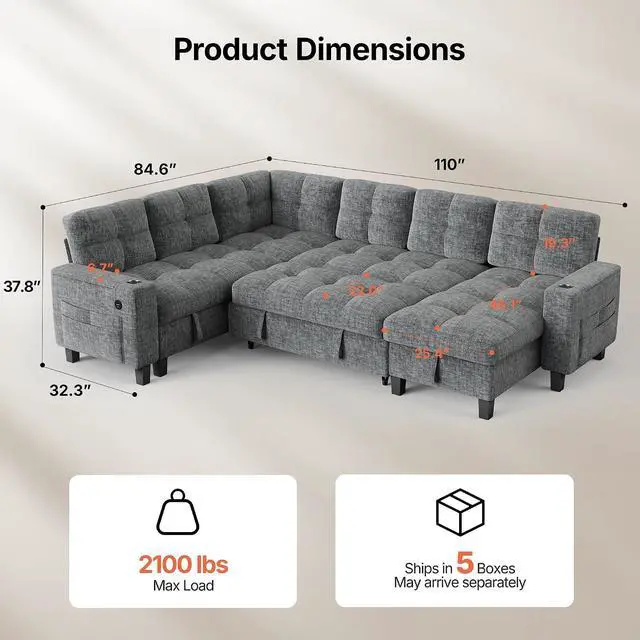 Alt view image 2 of 7 - AMADA HOMEFURNISHING 110 Modular Sectional Sleeper Sofa with Pull Out Couch, U Shaped 7 Seat Sectional Sofa with Storage, USB Ports & Cup Holders, Chenille Cloud Couches for Living Room, Light Gray