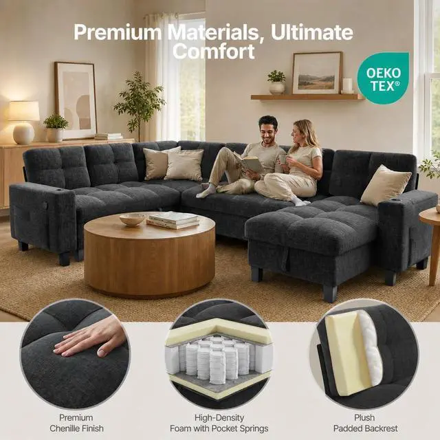 Alt view image 7 of 7 - Pipishell 110 Sectional Sleeper Sofa, Modular Sectional Sofa with Pull Out Bed, Storage, USB Ports & Cup Holders, Sectional Couches for Living Room, 7 Seat Chenille Cloud Couch, Light Gray