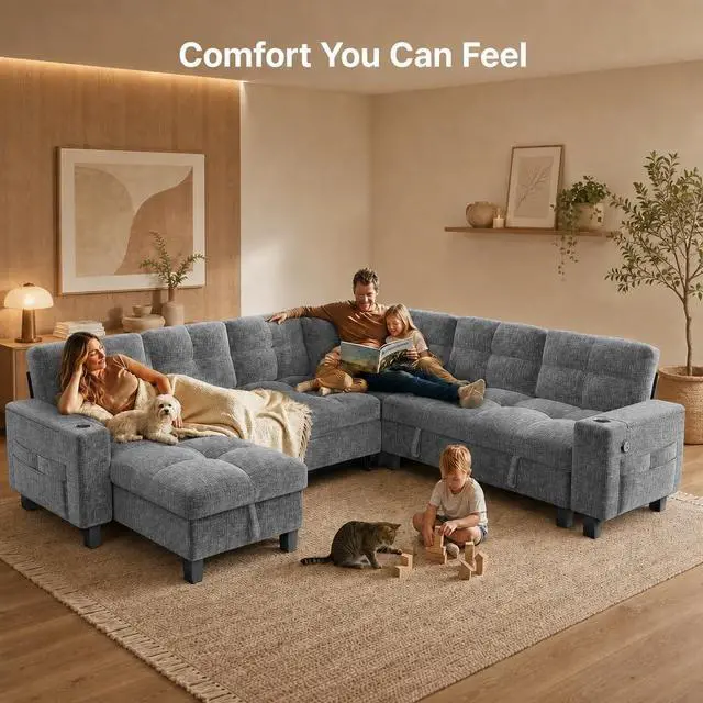 Alt view image 2 of 7 - Pipishell 110 Inch Sectional Sleeper Sofa, Modular Sectional Sofa with Pull Out Bed, Storage, USB Ports & Cup Holders, Sectional Couches for Living Room, 7 Seat Chenille Cloud Couch, Light Gray