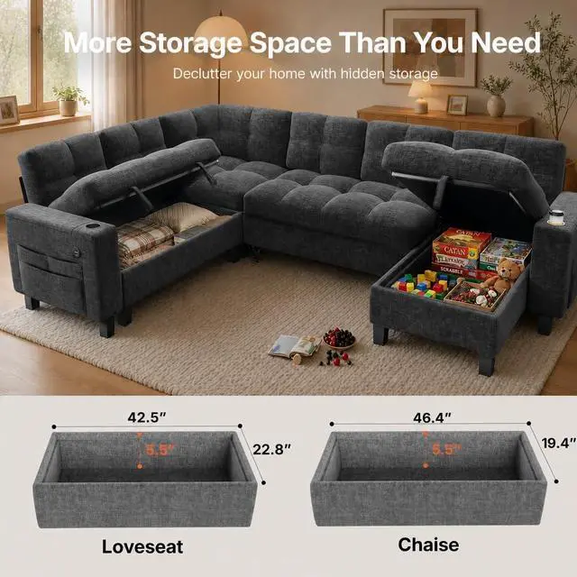 Alt view image 4 of 7 - Pipishell 110 Inch Sectional Sleeper Sofa, Modular Sectional Sofa with Pull Out Bed, Storage, USB Ports & Cup Holders, Sectional Couches for Living Room, 7 Seat Chenille Cloud Couch, Light Gray