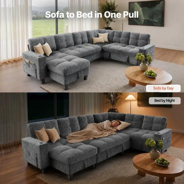 Alt view image 6 of 7 - Pipishell 110 Inch Sectional Sleeper Sofa, Modular Sectional Sofa with Pull Out Bed, Storage, USB Ports & Cup Holders, Sectional Couches for Living Room, 7 Seat Chenille Cloud Couch, Light Gray