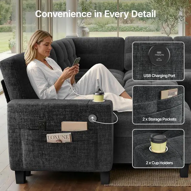 Alt view image 5 of 7 - Pipishell 110 Sectional Sleeper Sofa, Modular Sectional Sofa with Pull Out Bed, Storage, USB Ports & Cup Holders, Sectional Couches for Living Room, 7 Seat Chenille Cloud Couch, Light Gray