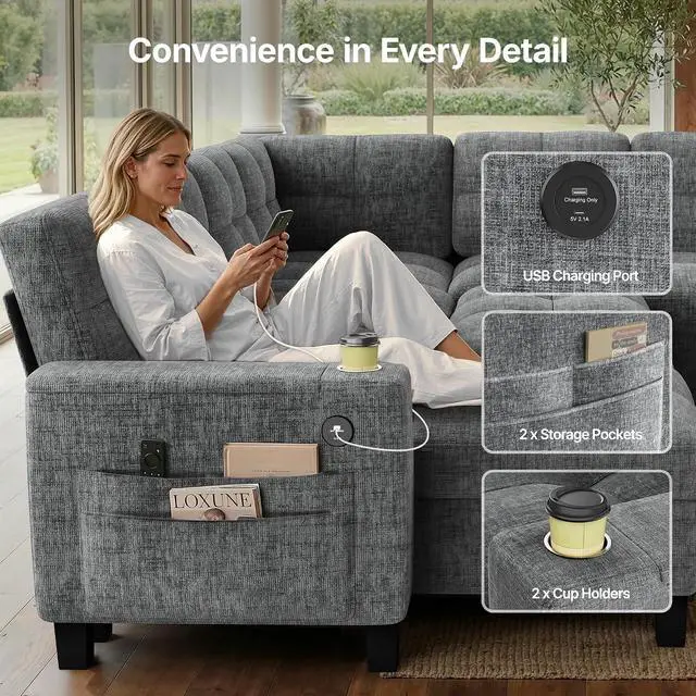 Alt view image 5 of 7 - Pipishell 110 Inch Sectional Sleeper Sofa, Modular Sectional Sofa with Pull Out Bed, Storage, USB Ports & Cup Holders, Sectional Couches for Living Room, 7 Seat Chenille Cloud Couch, Light Gray