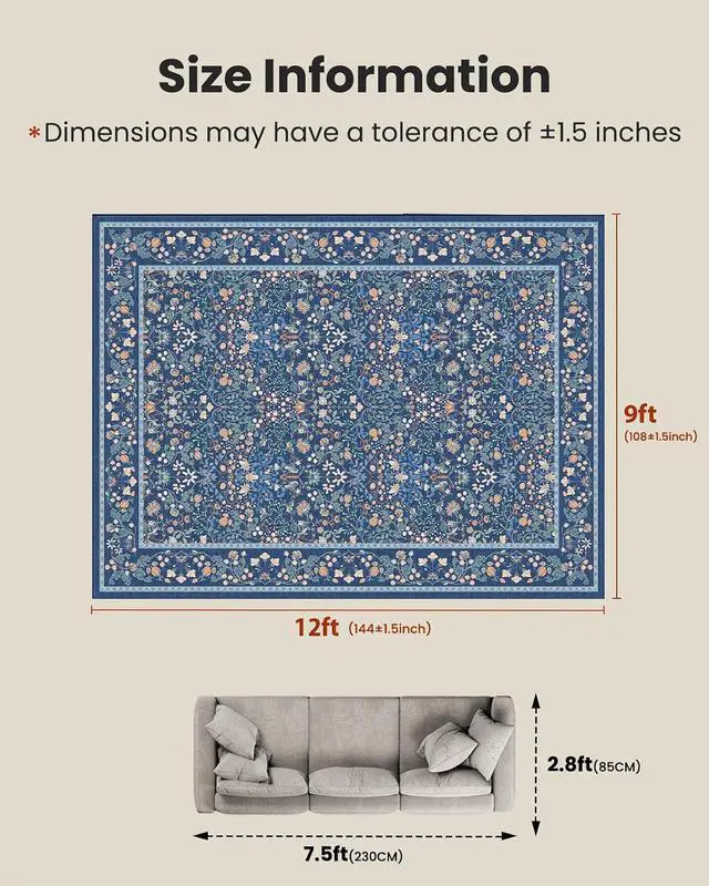 Alt view image 2 of 7 - AMADA HOMEFURNISHING Large Area Rugs 9x12, Washable Floral Rug with Non-Slip Backing & Low Pile, Durable Edge Biding, Vintage Soft Floral Rug for Living Room, Bedroom and Dining Room